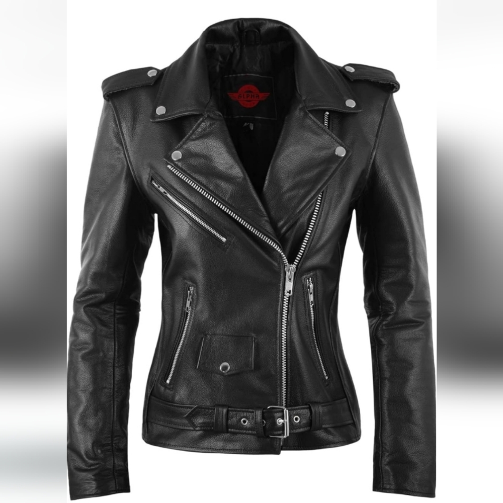 Alpha Cycles Women's Black Leather Biker Jacket Size Large